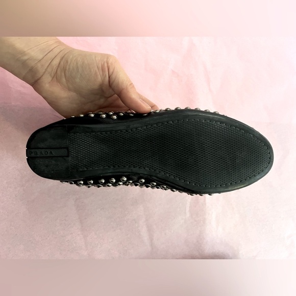 PRADA Studded Crystals Black Leather Slip On Smoking Loafers Flats Shoes Sz 38 - Picture 8 of 10